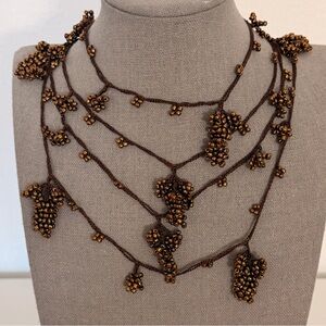 Traditional Turkish Oya Buncuk Bronze Beaded Necklace Hanging Grapes Motif
